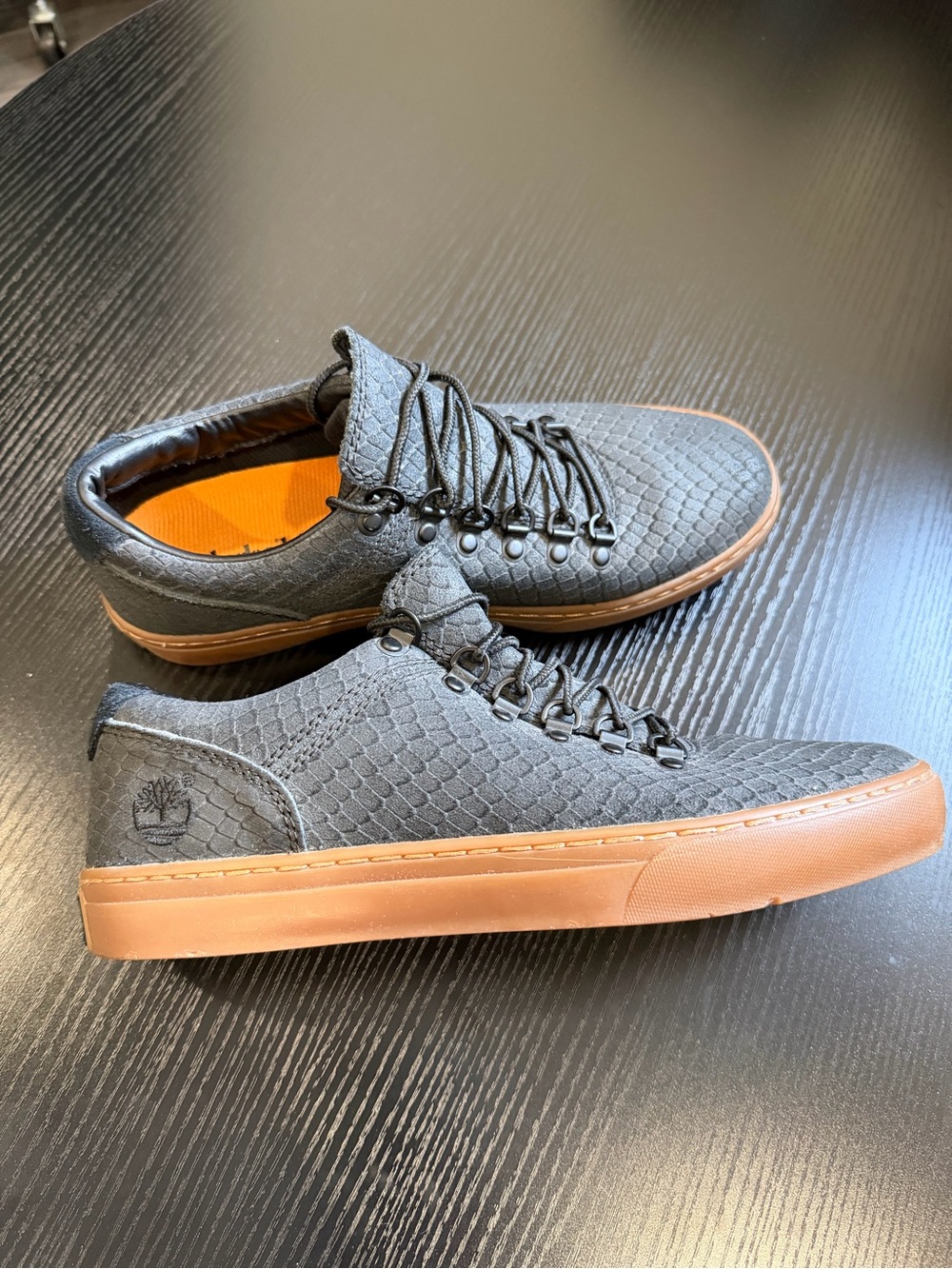 Timberland Men’s Dark Gray Textured Lace-Up Sneakers with Tan Sole